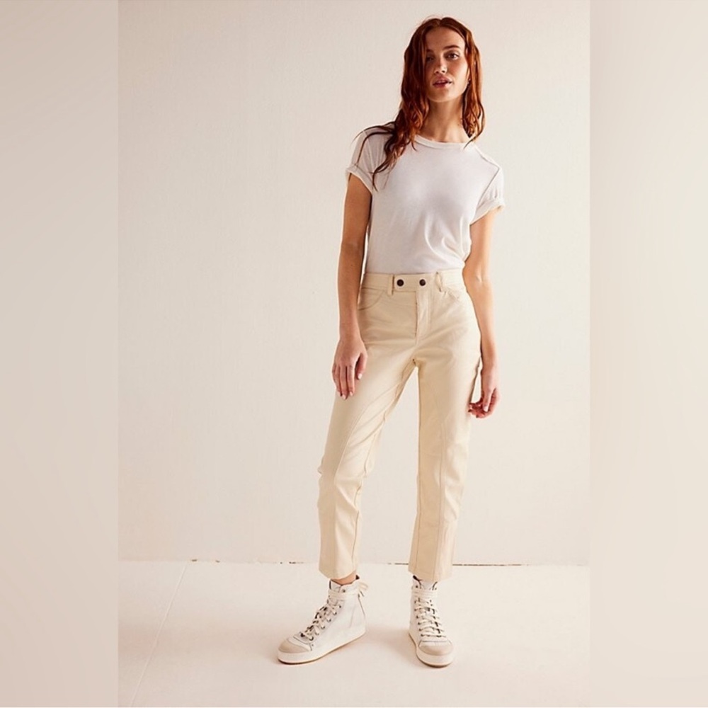 Free People We The Free Rebel Vegan Faux Leather Moto Pants Ivory‎ Cream Size 10